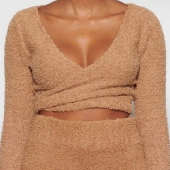 Skims Cozy Knit Wrap Sweater Top Camel Fuzzy Tie long sleeve Loungewear. S/M - Picture 2 of 9